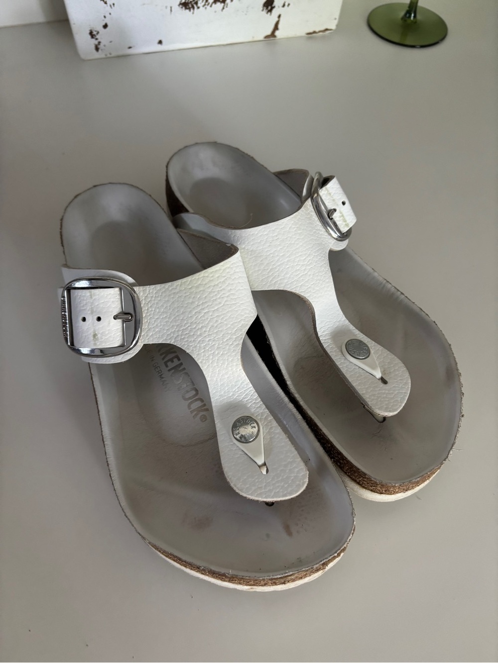 Birkenstock White Leather Slip-On Sandals with Cork Footbed
